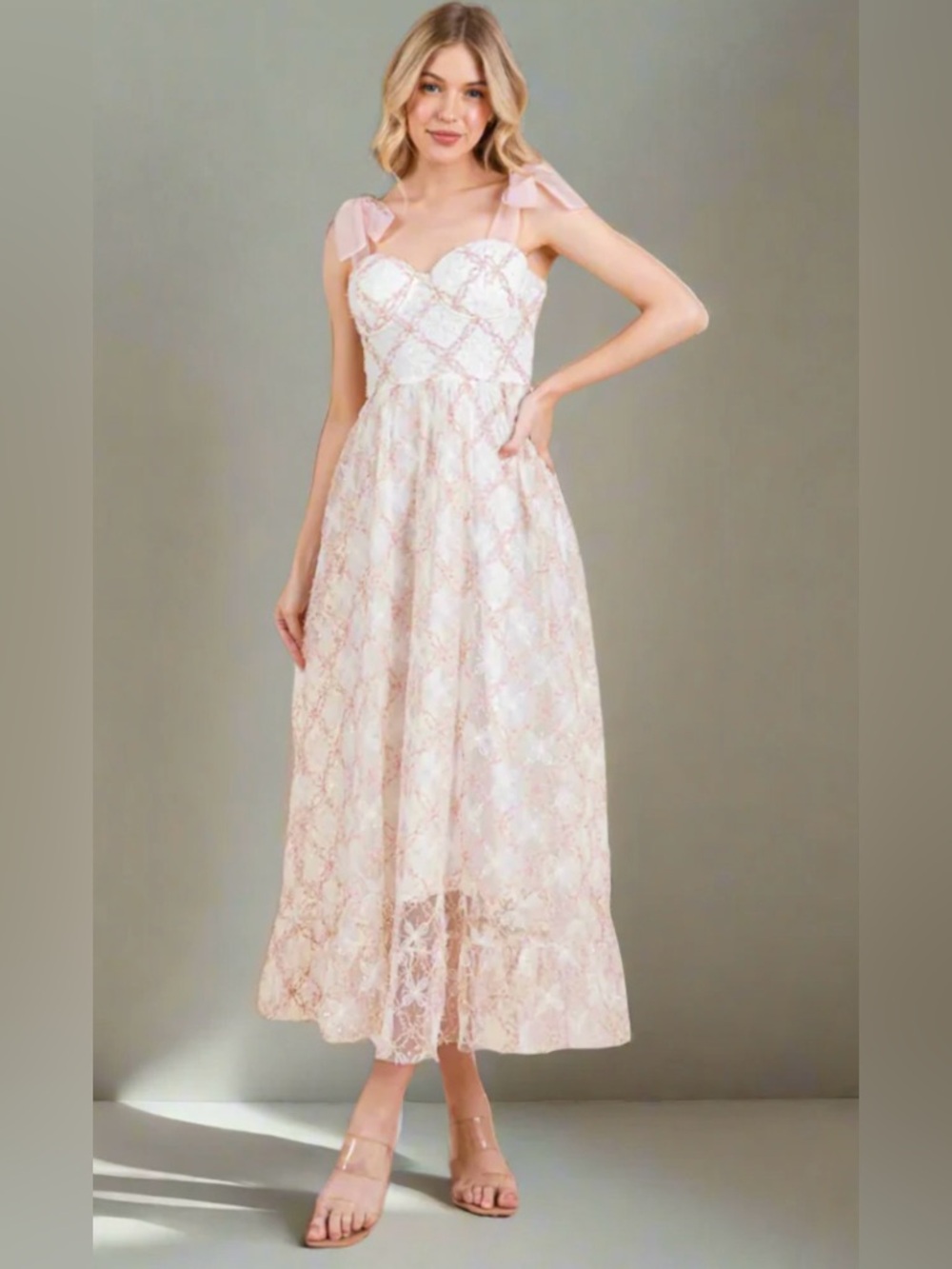 Lovelo Pink and White Lace A-Line Midi Dress, Tie Bow Strap Cottagecore, size M